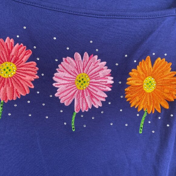 Quacker Factory Top Plus Size 3X Rhinestones Studs Embroidered Flower Blue Shirt - Picture 5 of 9